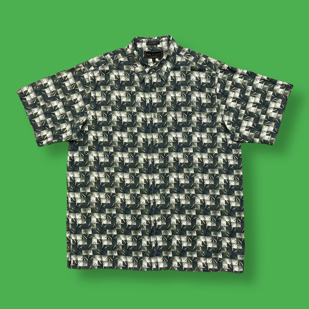 Vintage Geometric Button Down Shirt Floral Aloha Pattern 90s y2k Cotton Green XL